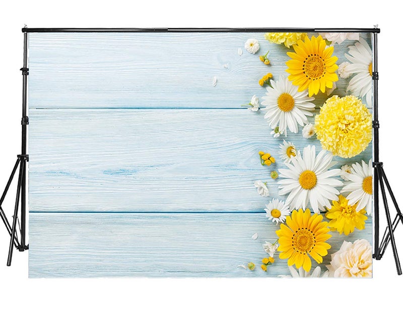 Sensfun 7x5ft Blue Wood Photography Backdrops Spring Theme Yellow White Daisy Flowers on Light Wood Plank Photo Background for Bridal Shower Birthday Party Children Photoshoot Studio Props(WP094) - Image 1